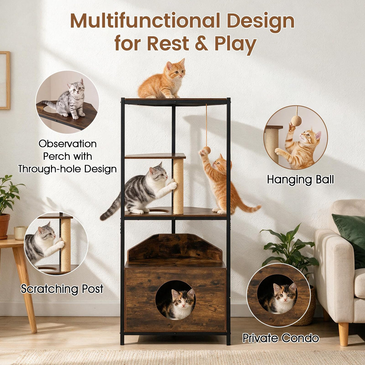 Cat Tree, 156cm Tall Modern Kitten Climbing Tower with Condo