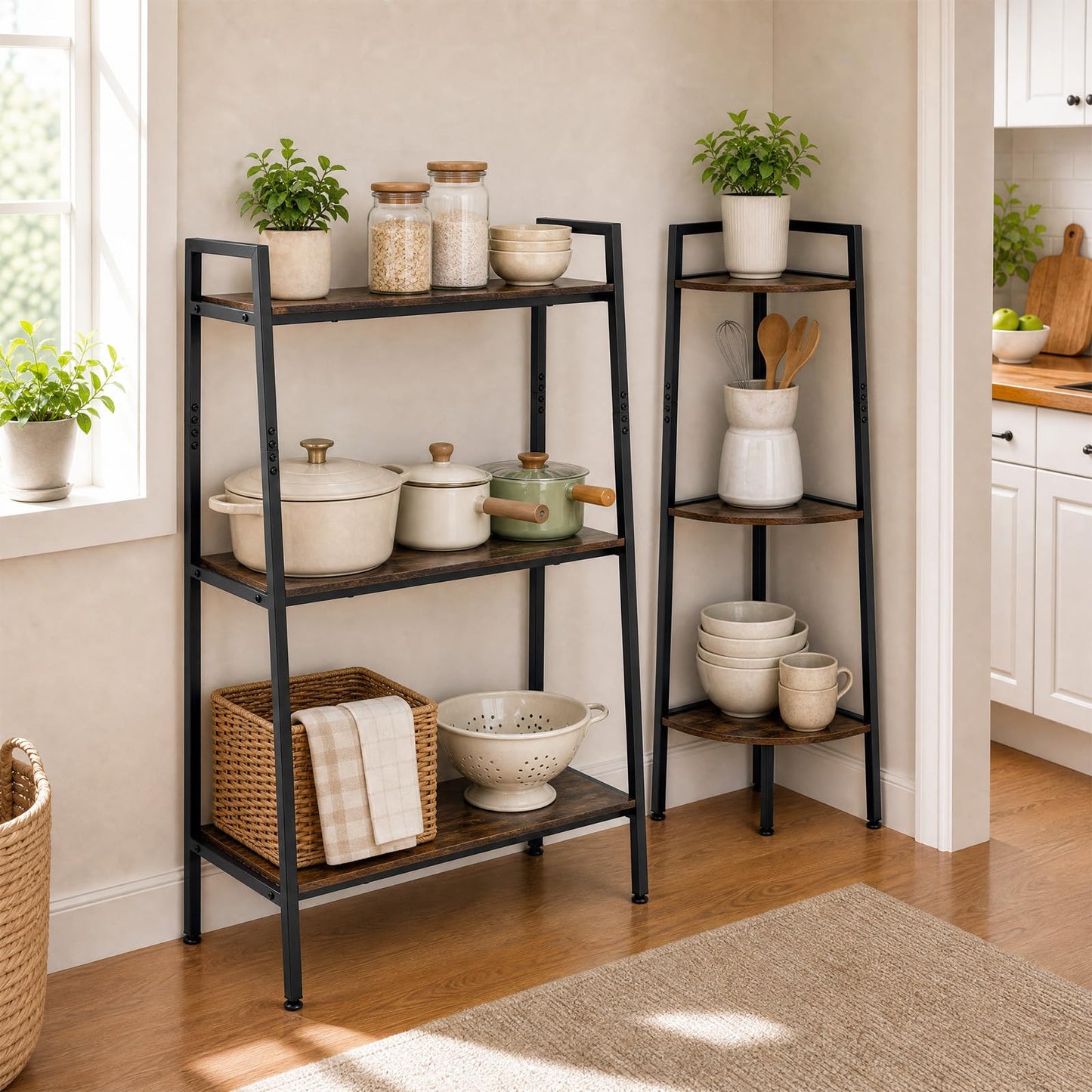3-Tier Ladder Shelf & Corner Stand, Rustic Brown