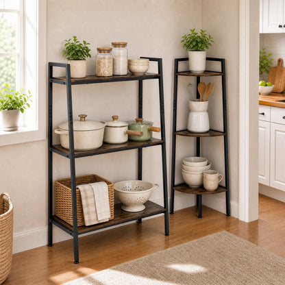 3-Tier Ladder Shelf & Corner Stand, Rustic Brown