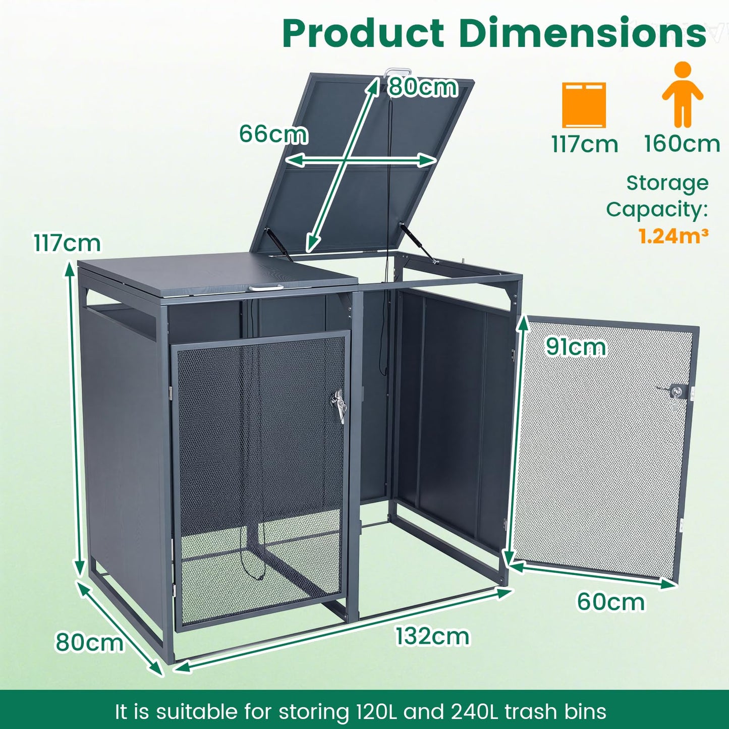 Double Wheelie Bin Storage, 240L Metal Garden Bin Hideaway with Gas Struts
