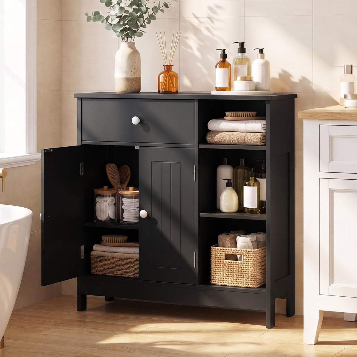 Bathroom Floor Cabinet with Drawer, Adjustable Shelves