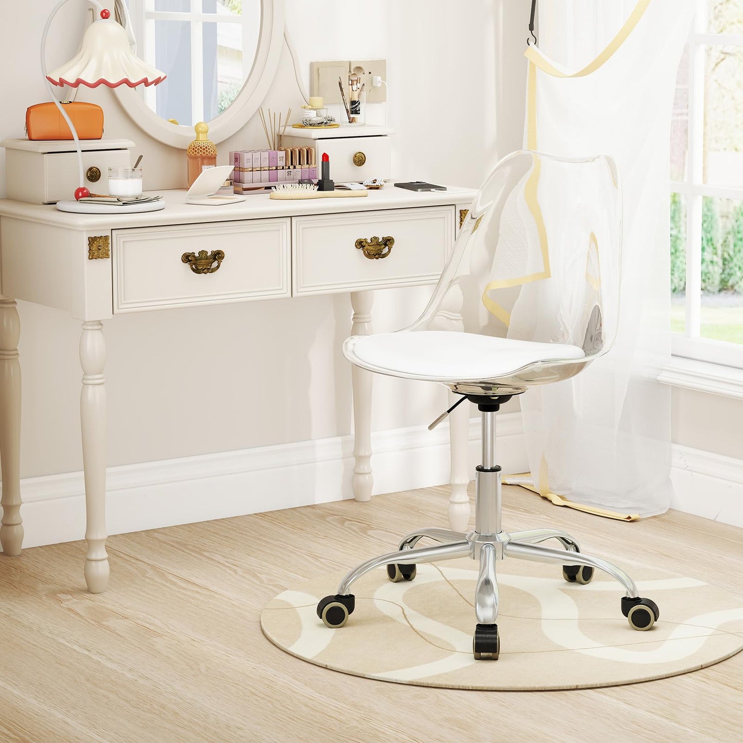 Clear Desk Chair Armless Rolling Acrylic Office Chair with Swivel Seat and PU Leather Cushion
