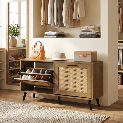 Rattan Shoe Storage Bench with Flip Drawers, Adjustable Shelves