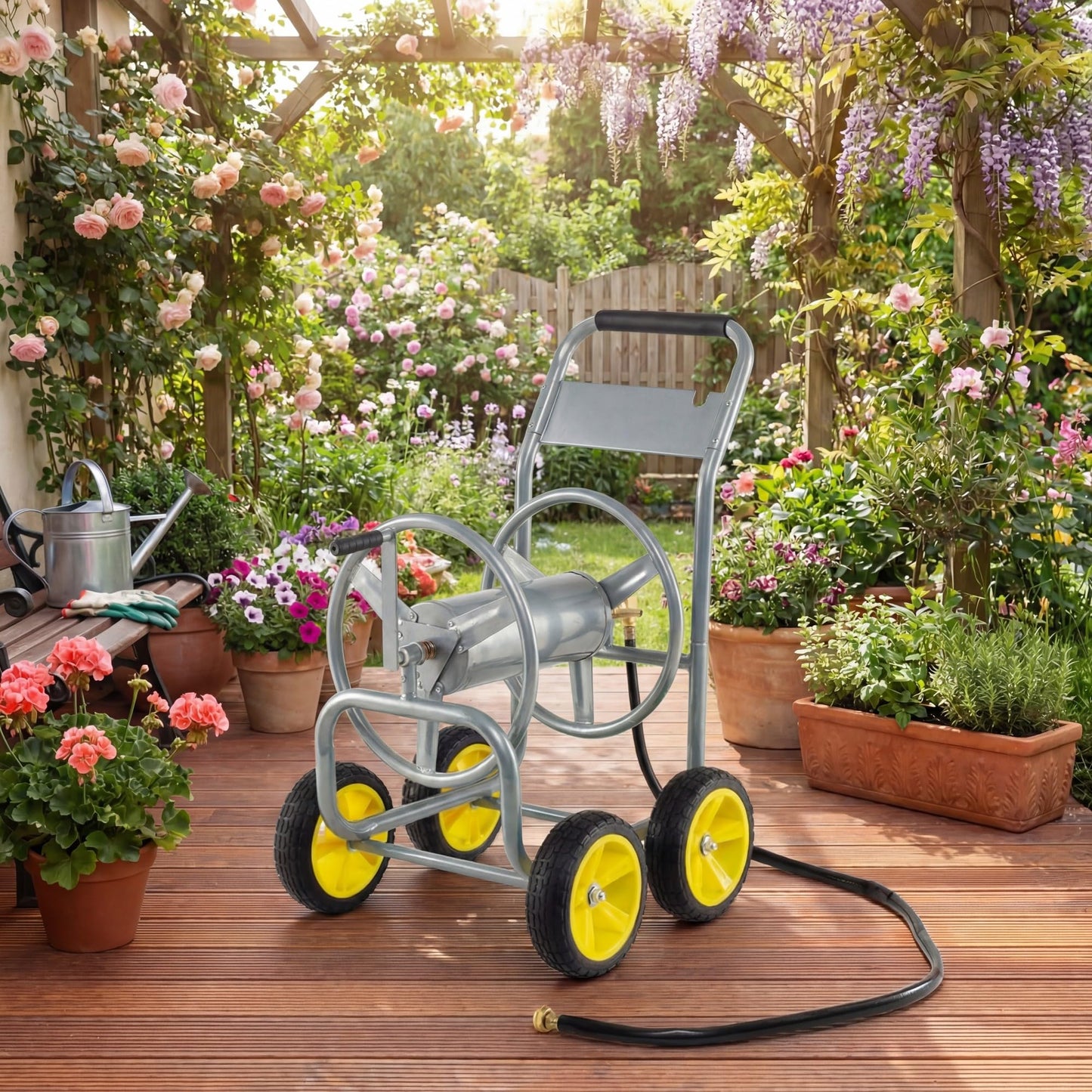 GiantexUK Garden Hose Reel Cart, Heavy-Duty Metal Hose Pipe Trolley with 4 Wheels