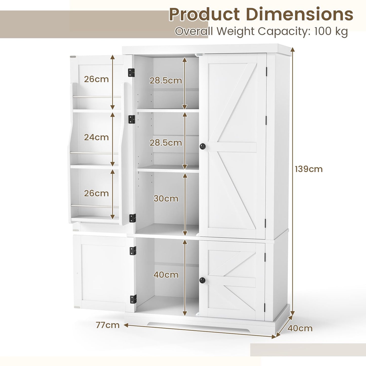 Tall Kitchen Cupboard, 4-Door Pantry Cabinet with Adjustable Shelves
