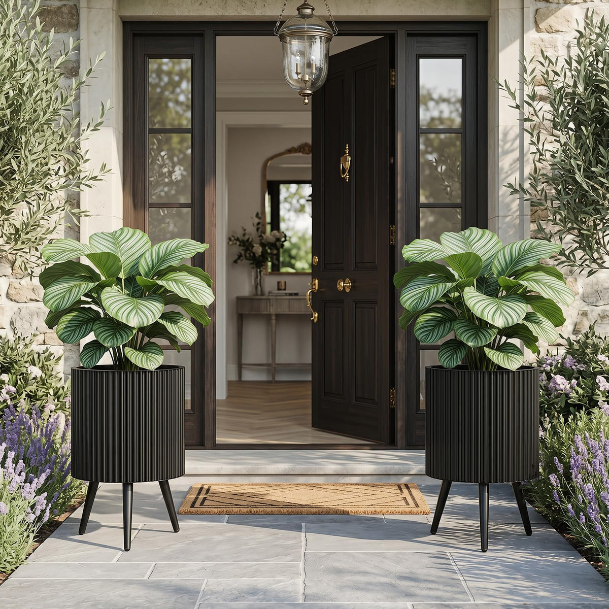 Plant Pot with Stand, 35/42cm Metal Fluted Flower Planter
