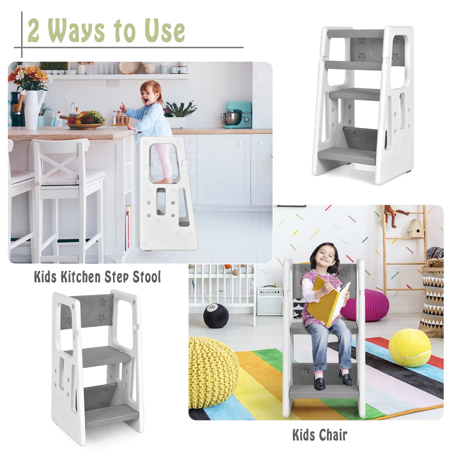 Height Adjustable Toddlers Kitchen Helper Stand with Double Safety Rails