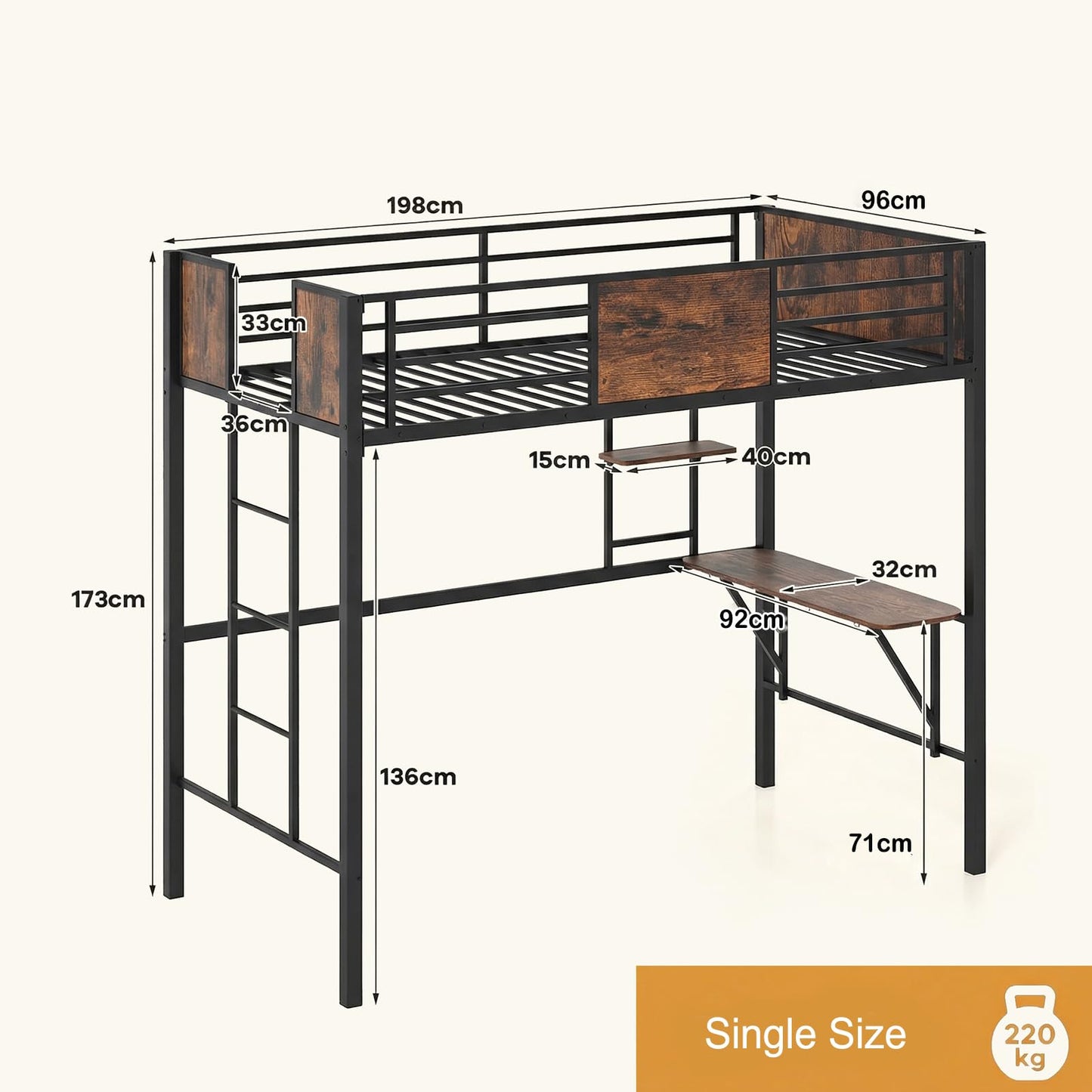 Loft Bed Single Size Heavy Duty Metal Bedframe with Desk