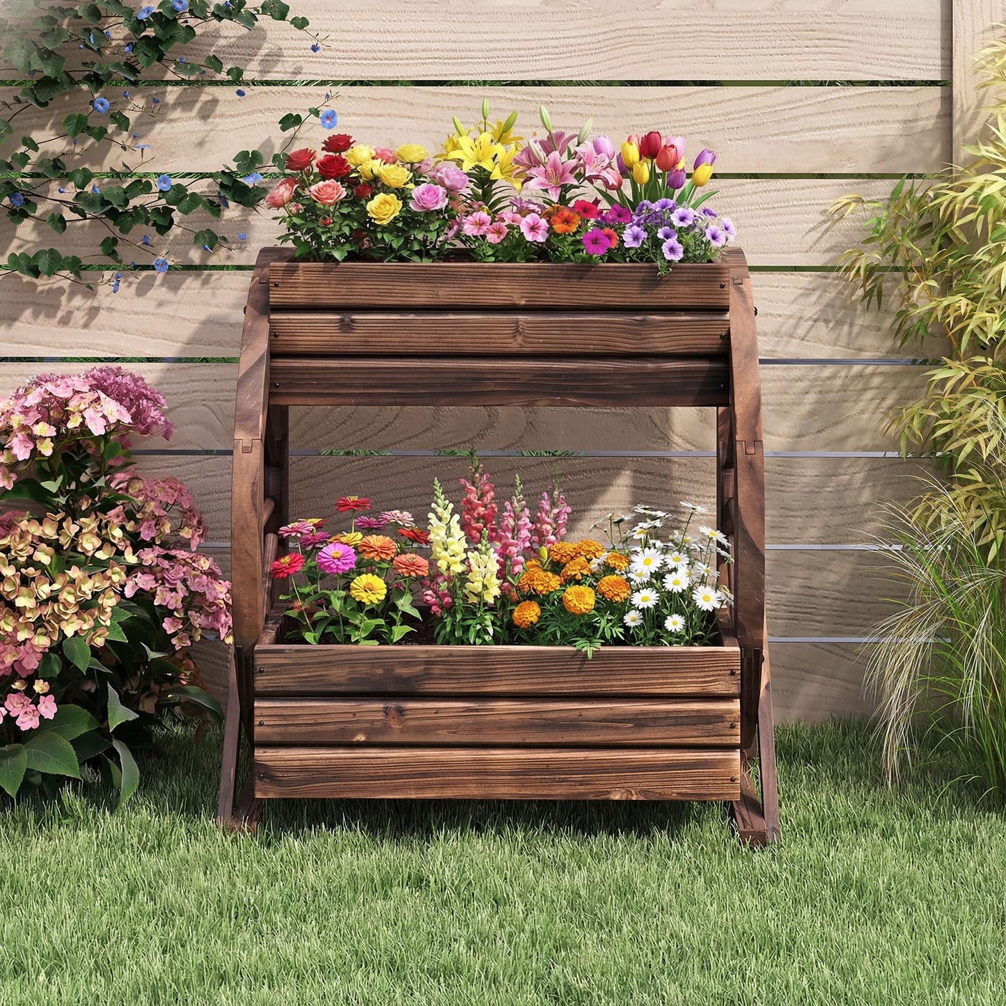 Wood Wagon Planter Box, 2-Tier Rustic Raised Garden Bed with Drainage Holes