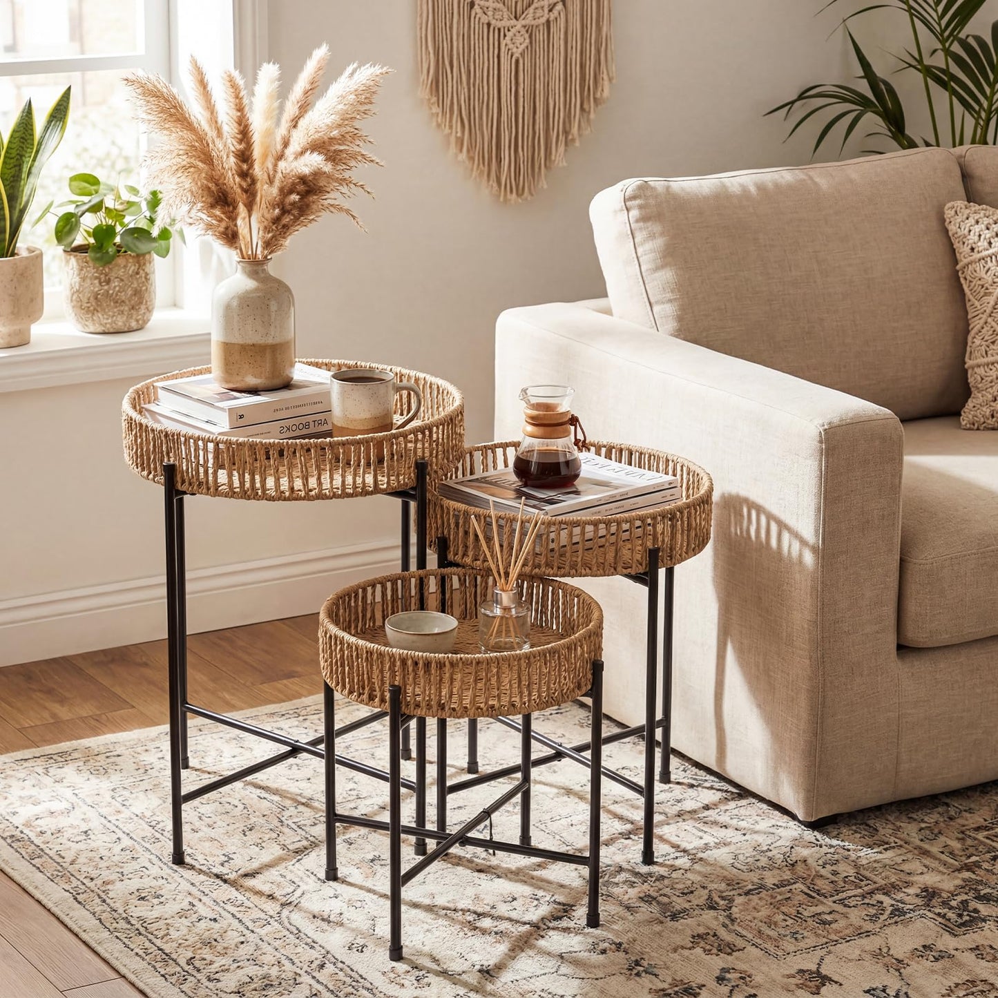 Set of 3 Round Nesting Side Tables Weaving End Tables with Metal Legs