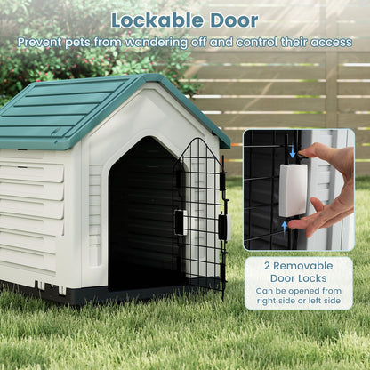 Plastic Dog House, Indoor Outdoor Pet Shelter with Metal Lockable Door