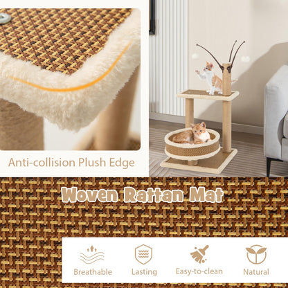 Modern Cat Tower with Rattan Mat and 3 Hanging Ball Toys