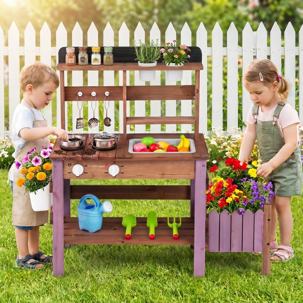 Kids Mud Kitchen, Garden Potting Bench with 2 Planting Pots, 2 Storage Bins, 2 Trowels