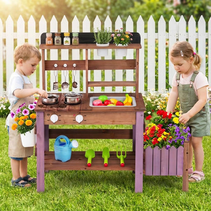 Kids Mud Kitchen, Garden Potting Bench with 2 Planting Pots, 2 Storage Bins, 2 Trowels