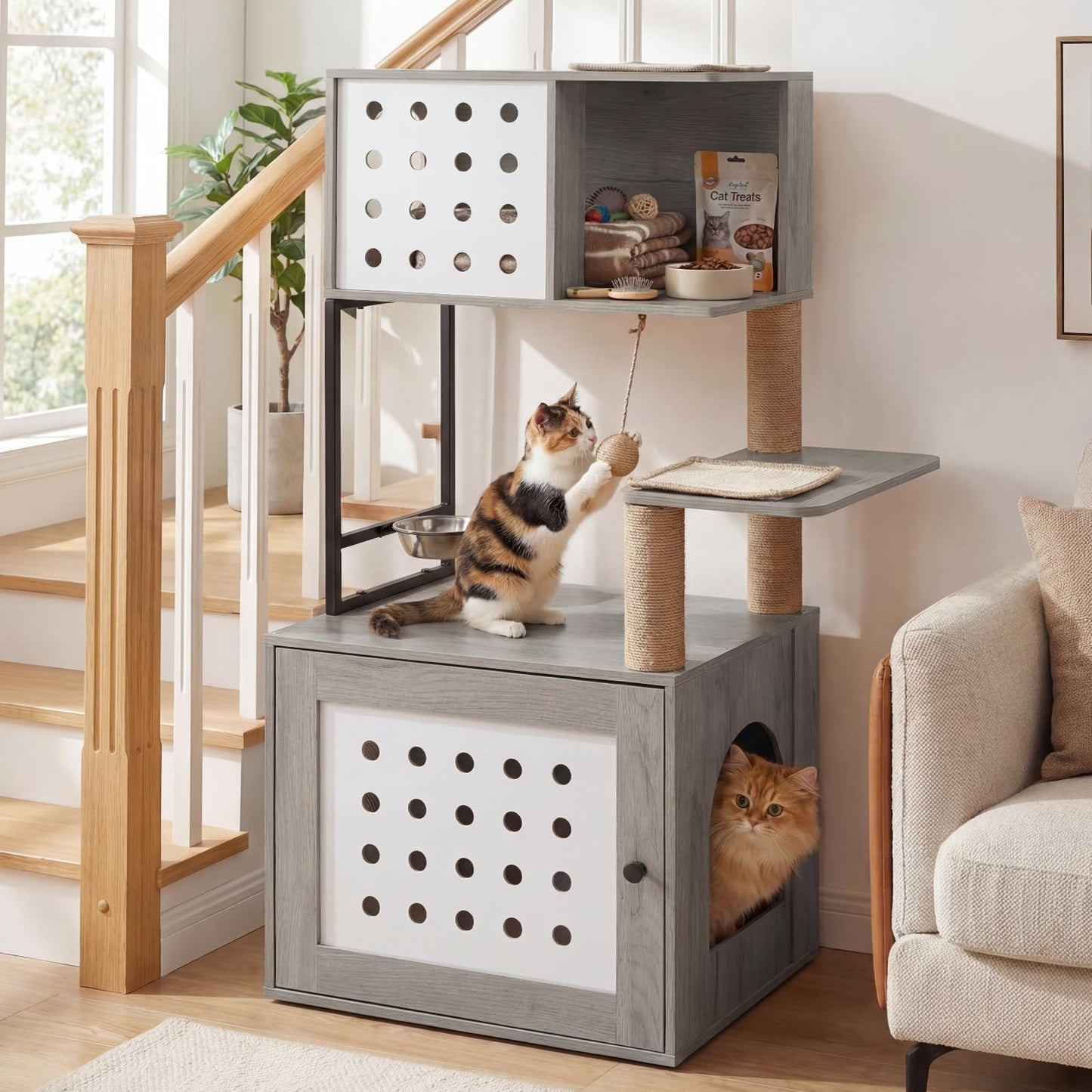 Cat Litter Box Enclosure Cat Tree Play Tower| Cats House Activity Center Hidden Washroom Toilet