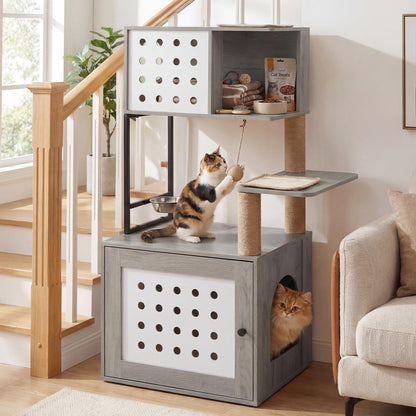 Cat Litter Box Enclosure Cat Tree Play Tower| Cats House Activity Center Hidden Washroom Toilet