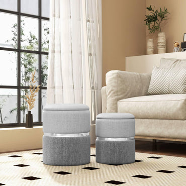 Modern Round Linen Fabric Storage Ottoman Set of 2