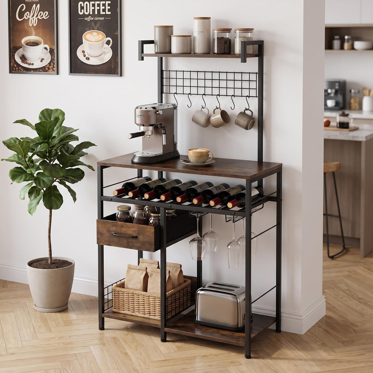 Baker's Rack, Microwave Stand with Wine Rack and Glass Holders
