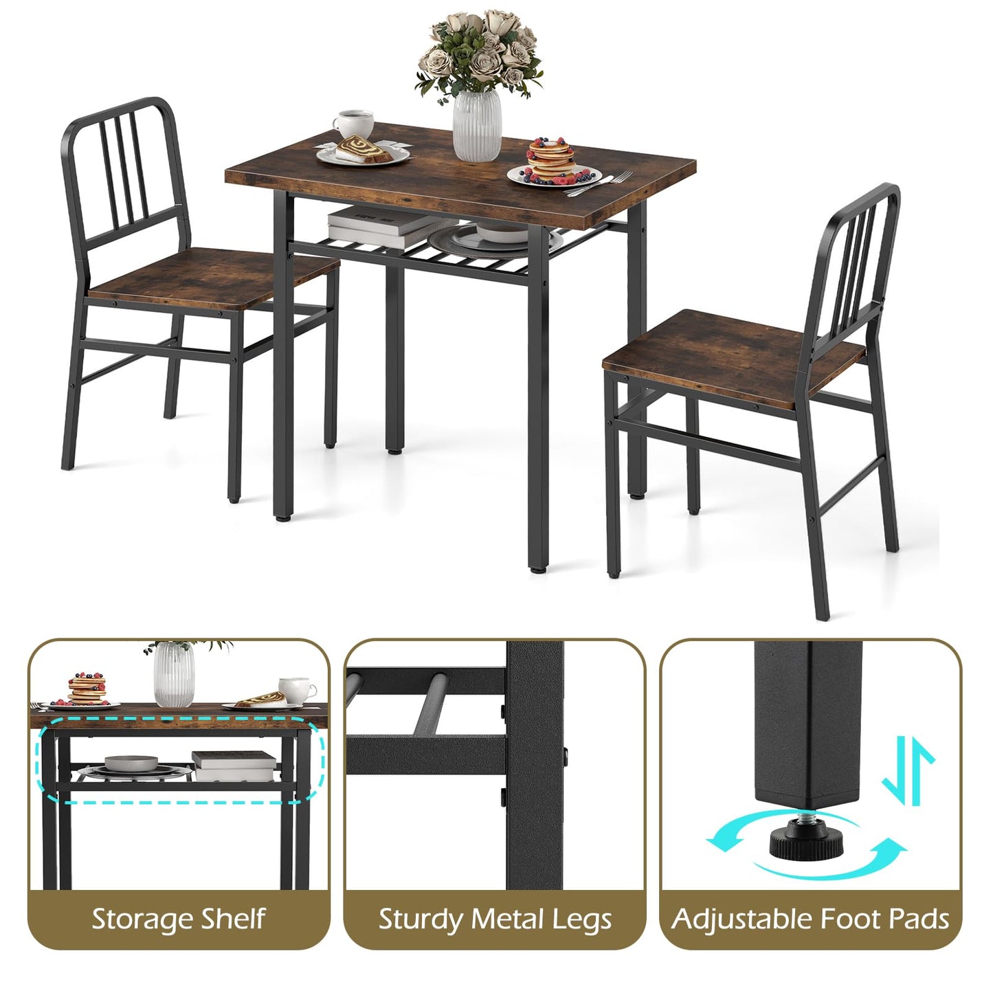 3-Piece Dining Table Set with Storage Rack and Metal Legs