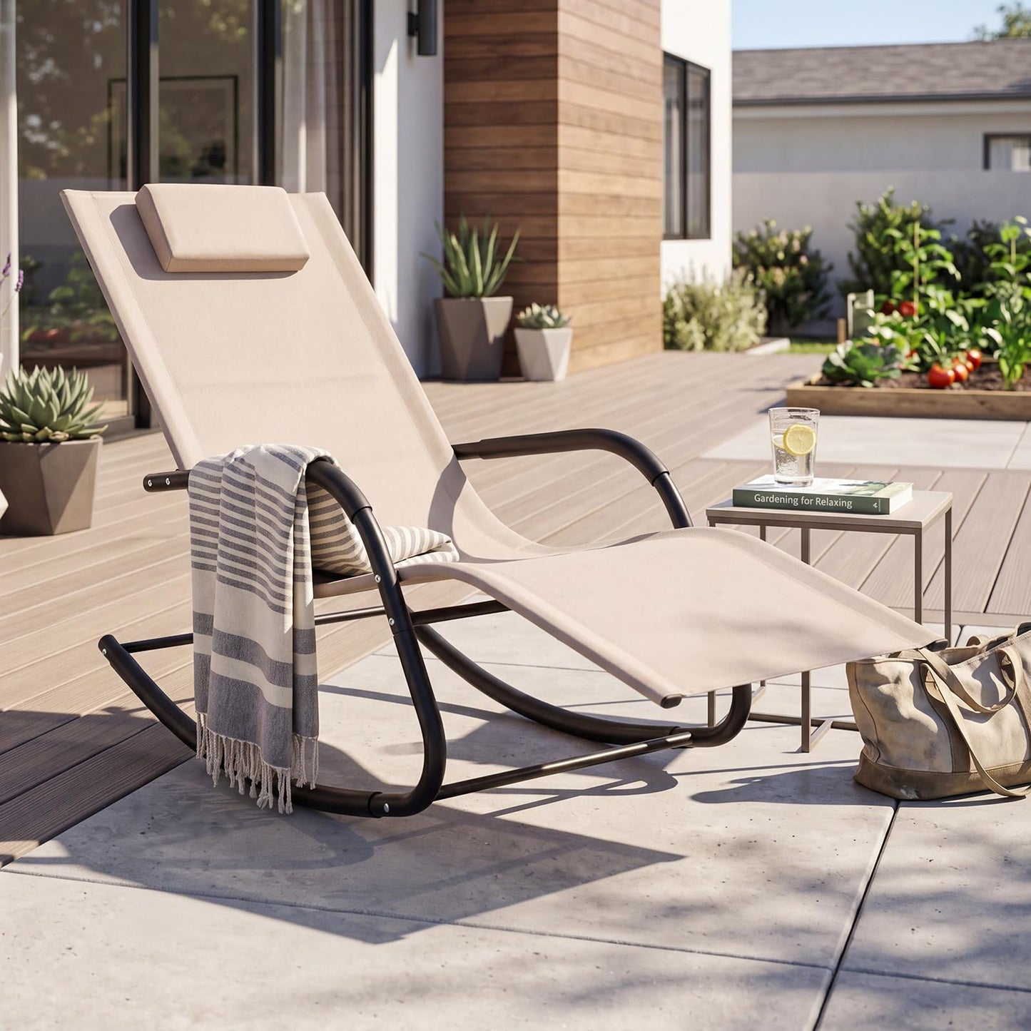Rocking Sun Lounger, Zero Gravity Recliner Garden Rocking Chair with Headrest & Curved Armrests