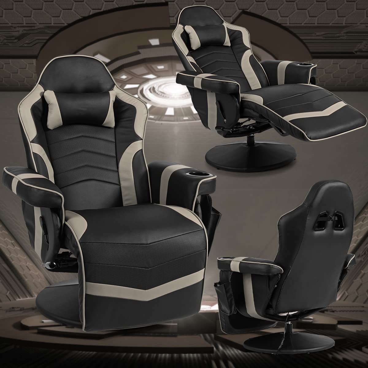 Height Adjustable Swivel Racing Video Massage Gaming Chair with Retractable Footrest