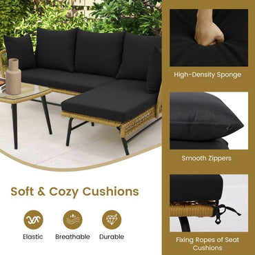 3 Pieces L Shaped Patio Conversation Set with Cushions & Tempered Glass Table