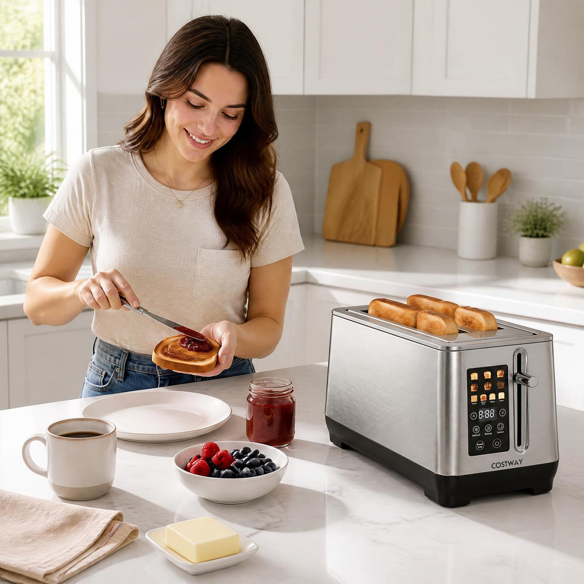 Stainless Steel Toaster with 6 Browning Levels and 4 Bread Types