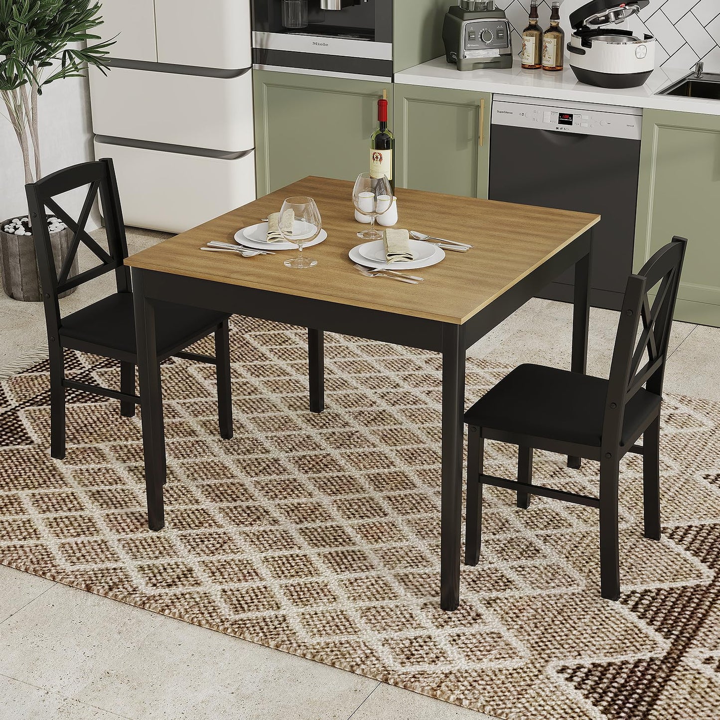 3 Piece Dining Table Set, Square Breakfast Kitchen Table and Chairs