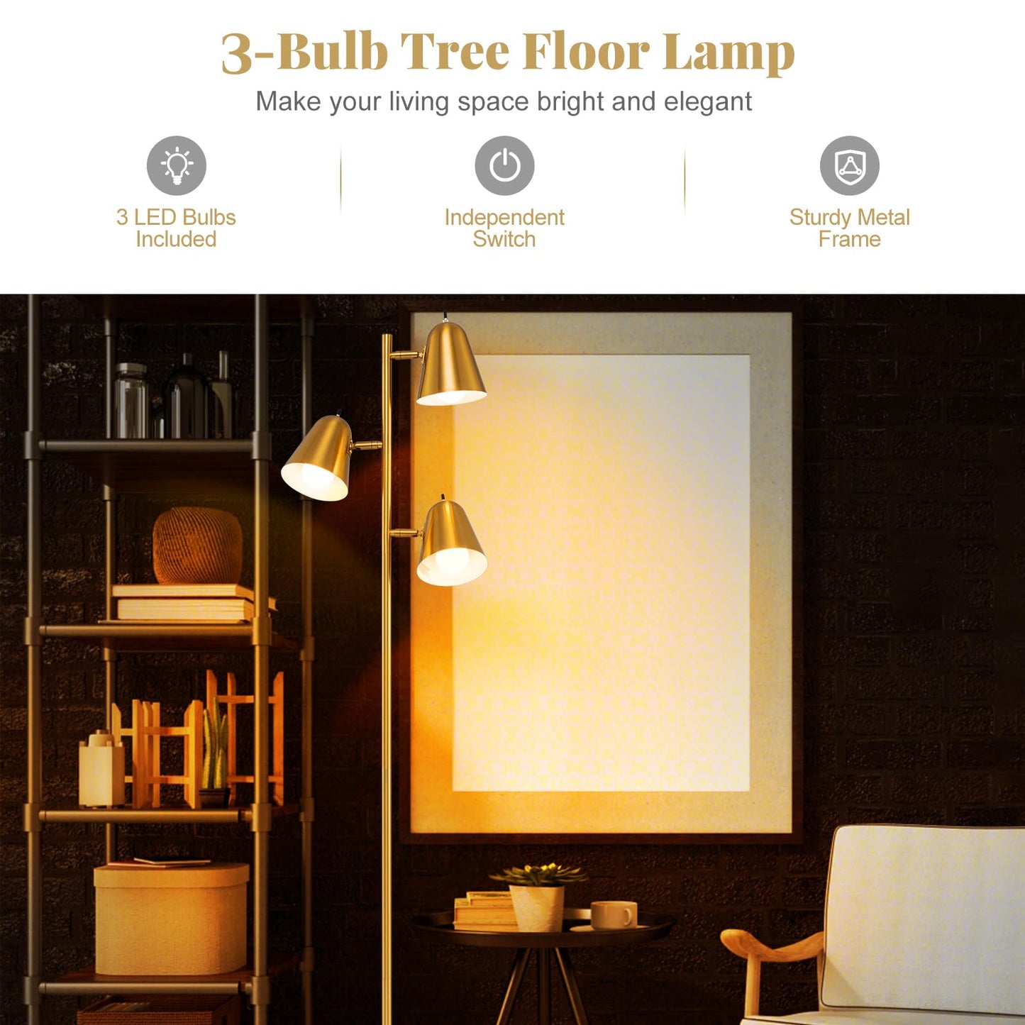 3-Bulb Floor Lamp with 3 E26 A19 Bulbs and Adjustable Lampshades