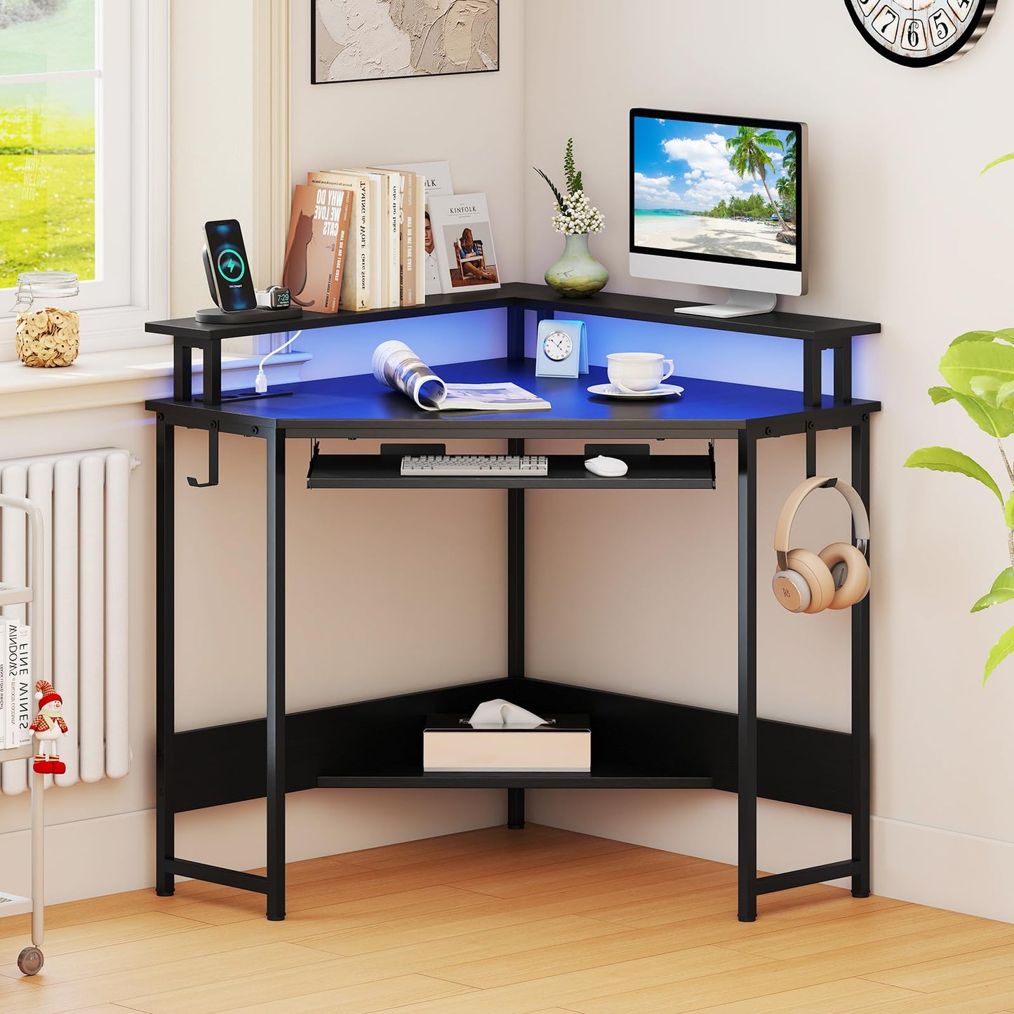 Computer Corner Desk with LED Charging Station and Monitor Stand