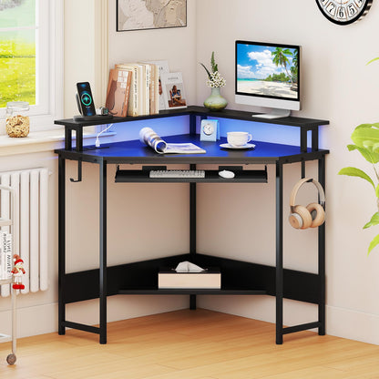 Computer Corner Desk with LED Charging Station and Monitor Stand