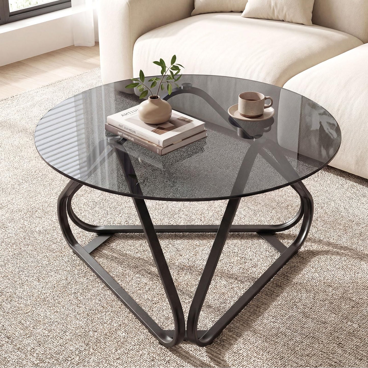 Round Tempered Glass Coffee Table with Triangle Metal Frame for Living Room