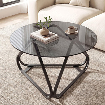 Round Tempered Glass Coffee Table with Triangle Metal Frame for Living Room