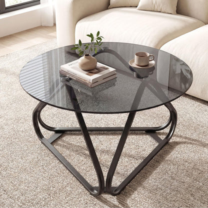 Round Tempered Glass Coffee Table with Triangle Metal Frame for Living Room