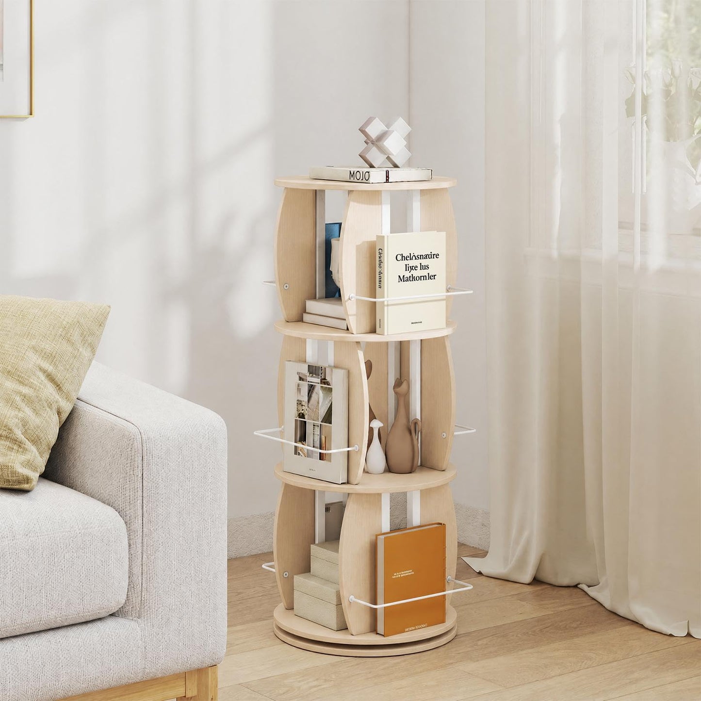 3-Tier 360° Spinning Bookshelf Tower with Display Stands for Small Spaces