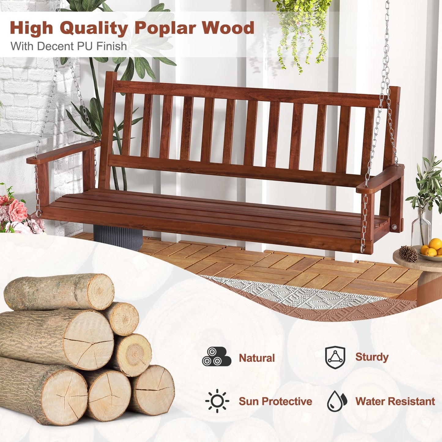2/3 Person Wooden Outdoor Porch Swing with Adjustable Upper Chains