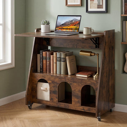 Folding Desk on Wheels, Convertible Drop Leaf Writing Desk