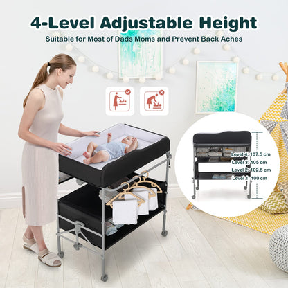 Baby Changing Table Folding Nursery Changing Station with 4 Lockable Wheels