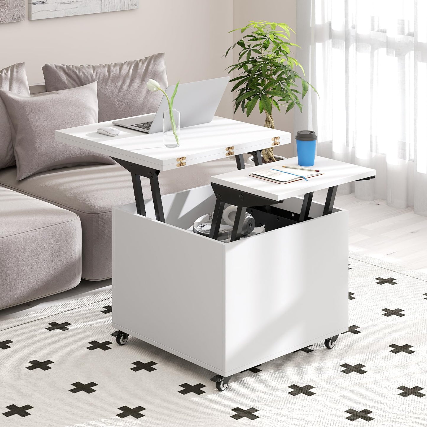 Lift Up Top Coffee Table, 3-in-1 Convertible Wooden Cocktail Center Table