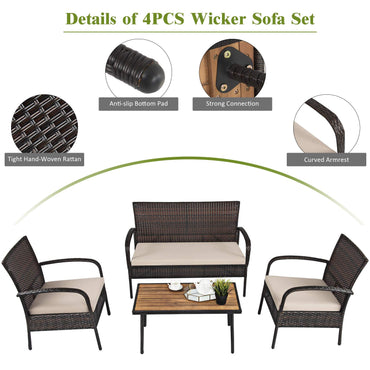 Giantex Garden Furniture Set 4 Piece Patio Conversation Set with Loveseat Coffee Table and 2 Armchairs
