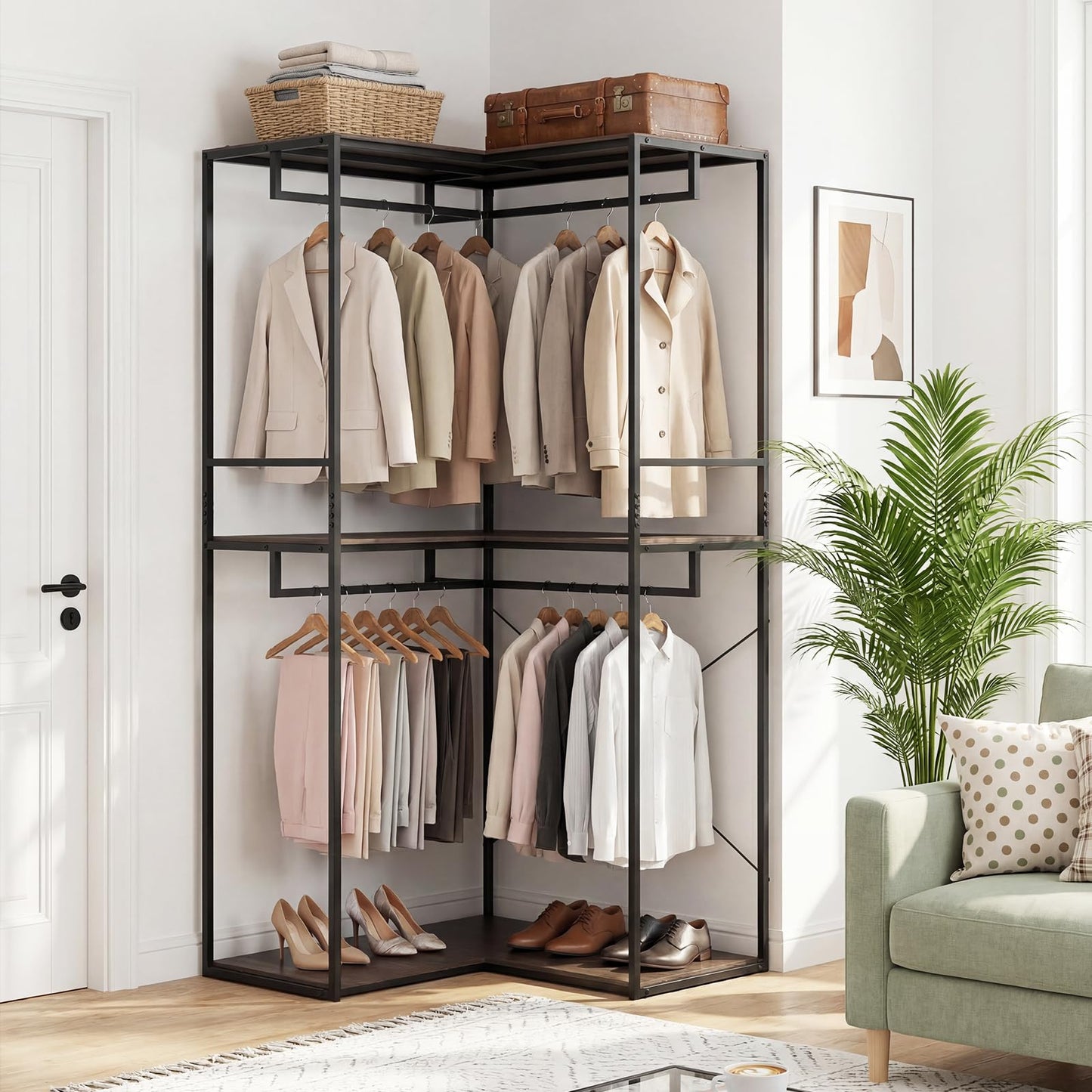 L-Shaped Metal Clothes Rail, 200cm Tall Corner Garment Clothes Rack