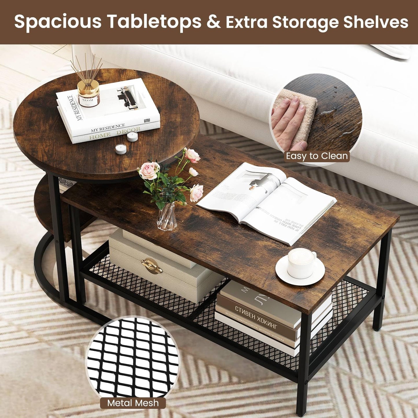 Nesting Coffee Table Set of 2, Faux Marble Cocktail Center and Round End Table with Storage Shelf & Adjustable Foot Pads