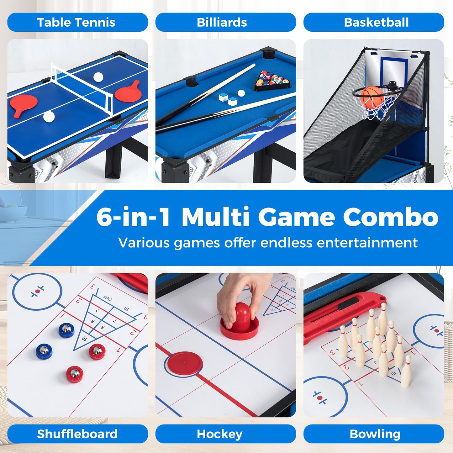 Multi Games Table, 6 in 1 Combo Tables with Air Hockey, Billiards, Table Tennis