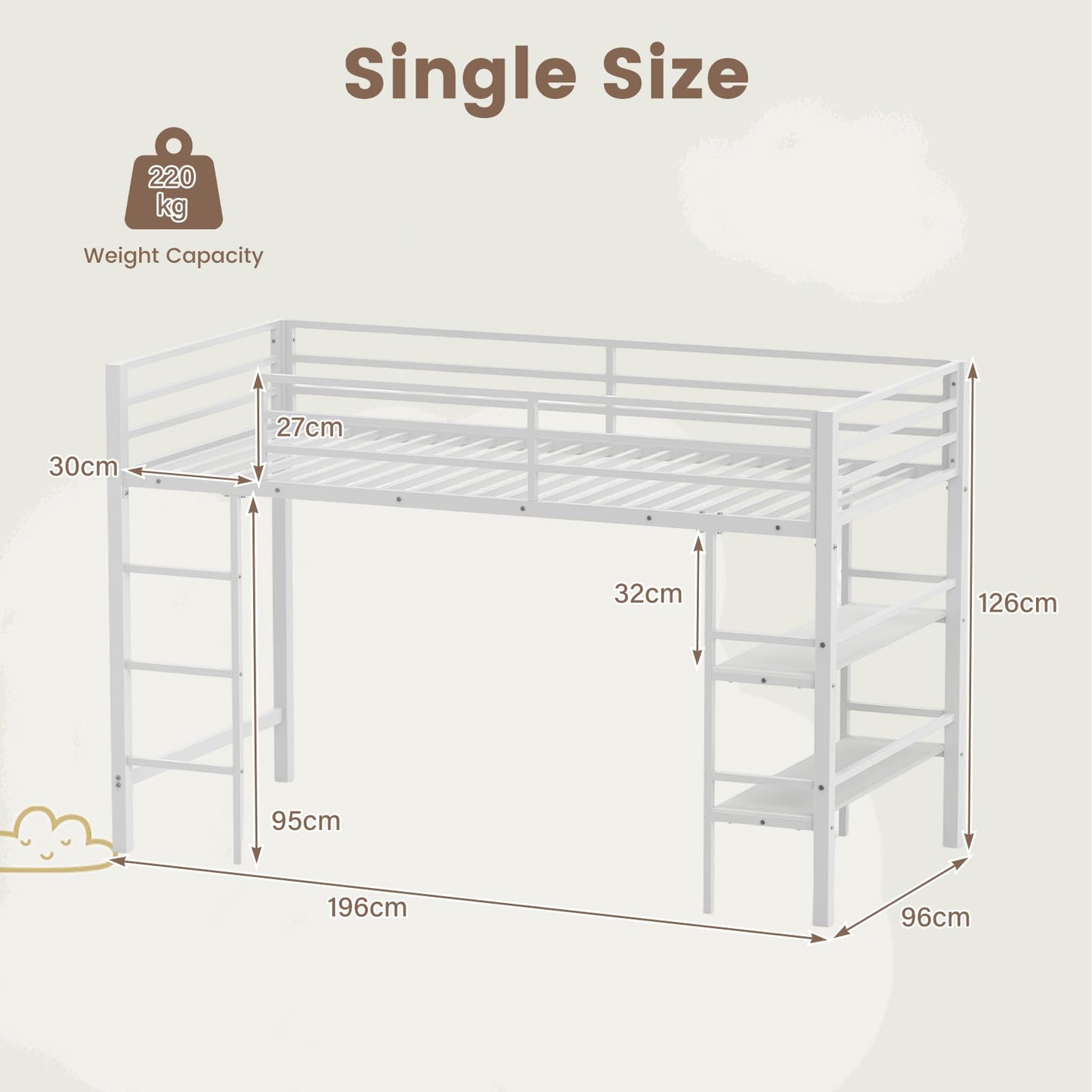 Kids Loft Bed, Metal Single Size Low Loft Bed with Under-Bed Space