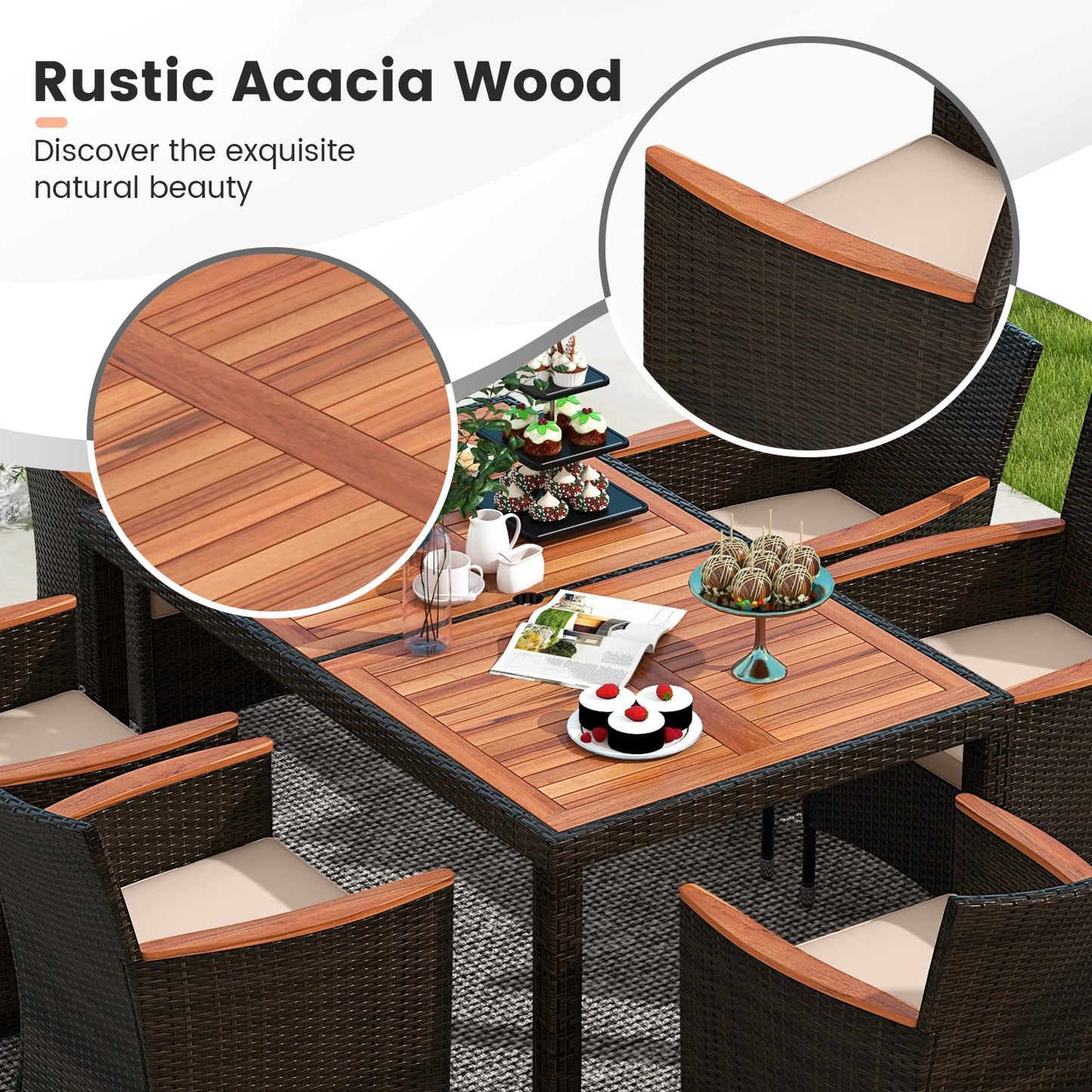 7 Pieces Patio Wicker Dining Set Acacia Wood Table and 6 Stackable Chairs