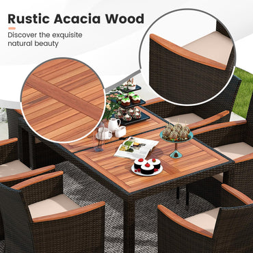 7 Pieces Patio Wicker Dining Set Acacia Wood Table and 6 Stackable Chairs