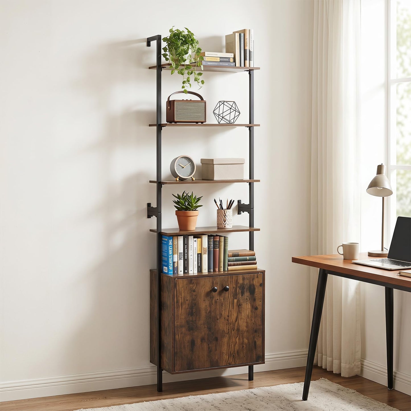 7-Tier Ladder Bookshelf with 2-Door Cabinet and 4 Shelves