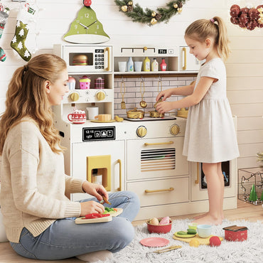 Kids Play Kitchen, Wooden Pretend Toy Kitchen with Realistic Lights