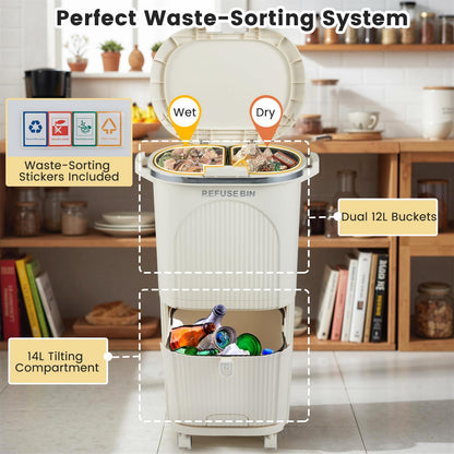 Recycling Bins, 38L Dry and Wet Separation Trash Can with 3 Compartments