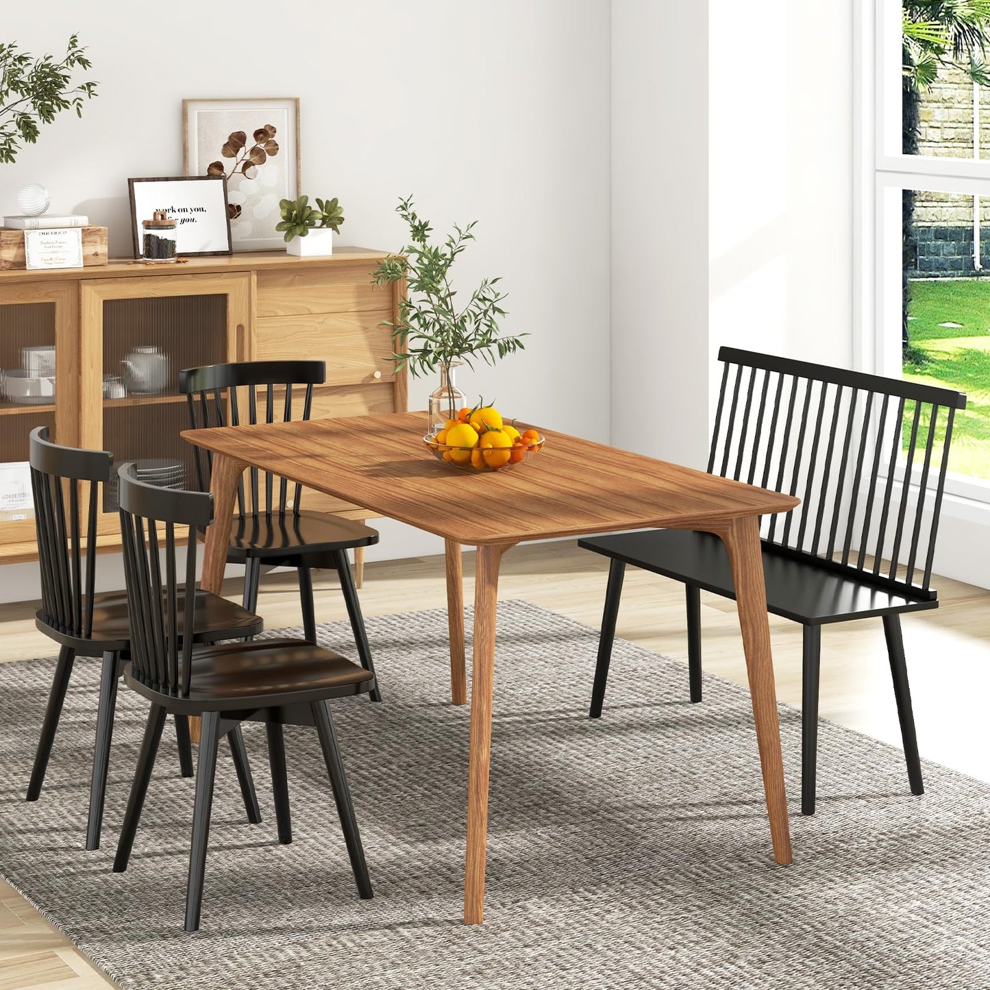 Dining Bench, Entryway Bench with Removable Spindle Back & Anti-slip Foot Pads